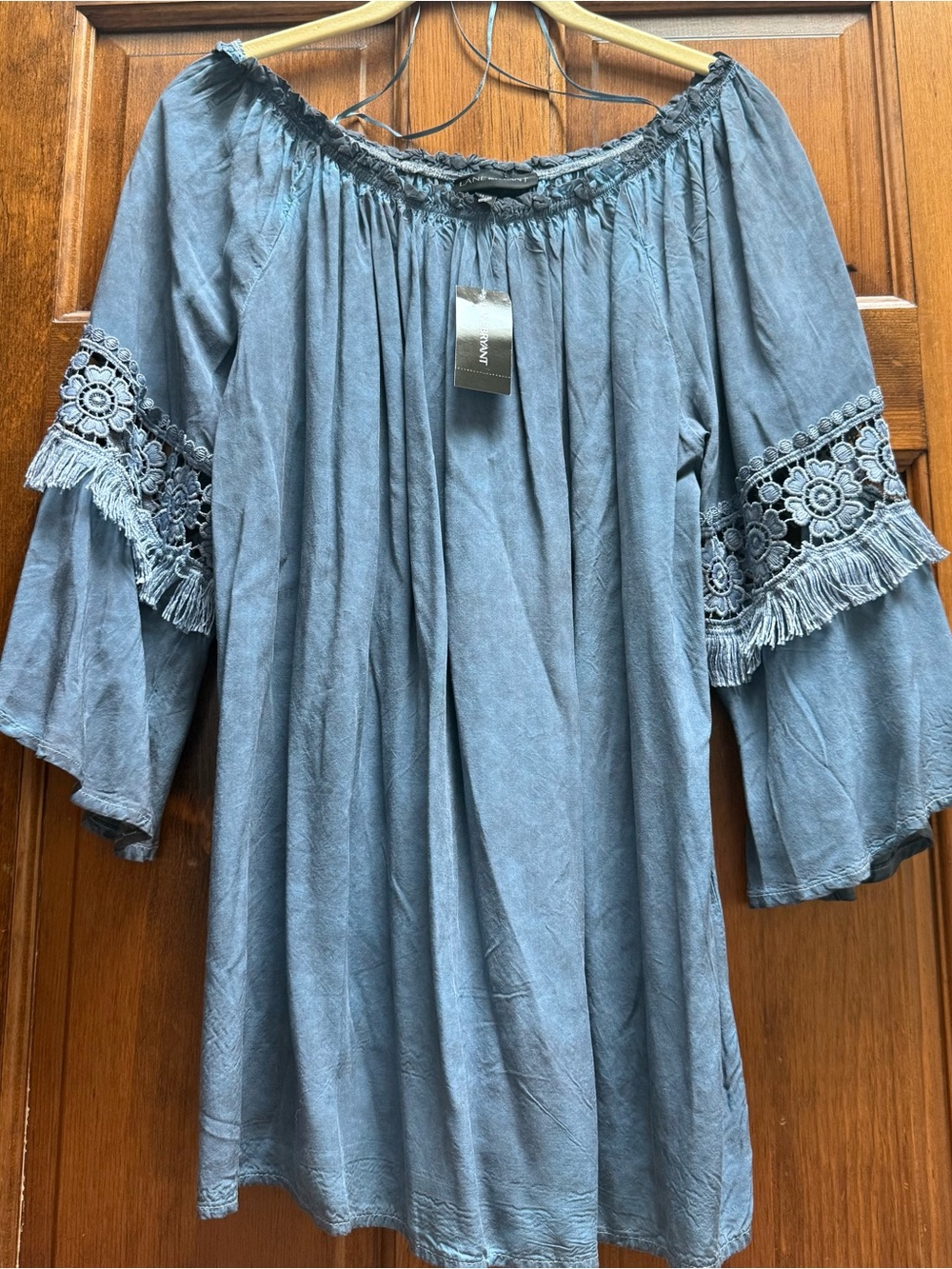 Lane Bryant Dusty Blue Off-Shoulder shirt with Lace Fringe